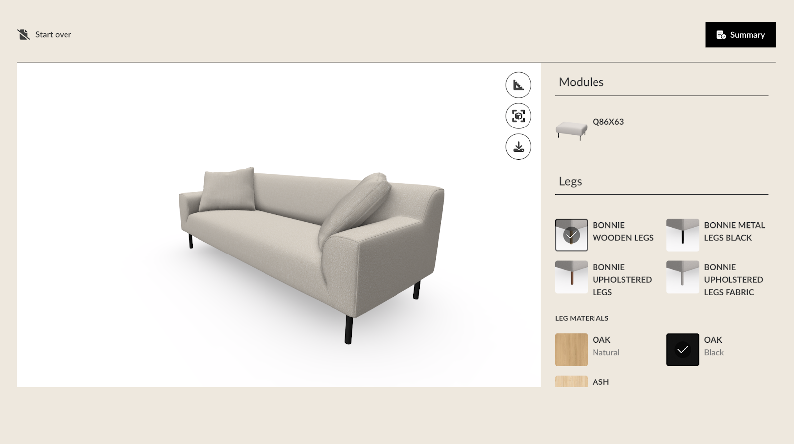 Adea enables a 3D sofa configurator powered by VividWorks, with module, leg, and material selections, and 3D previews
