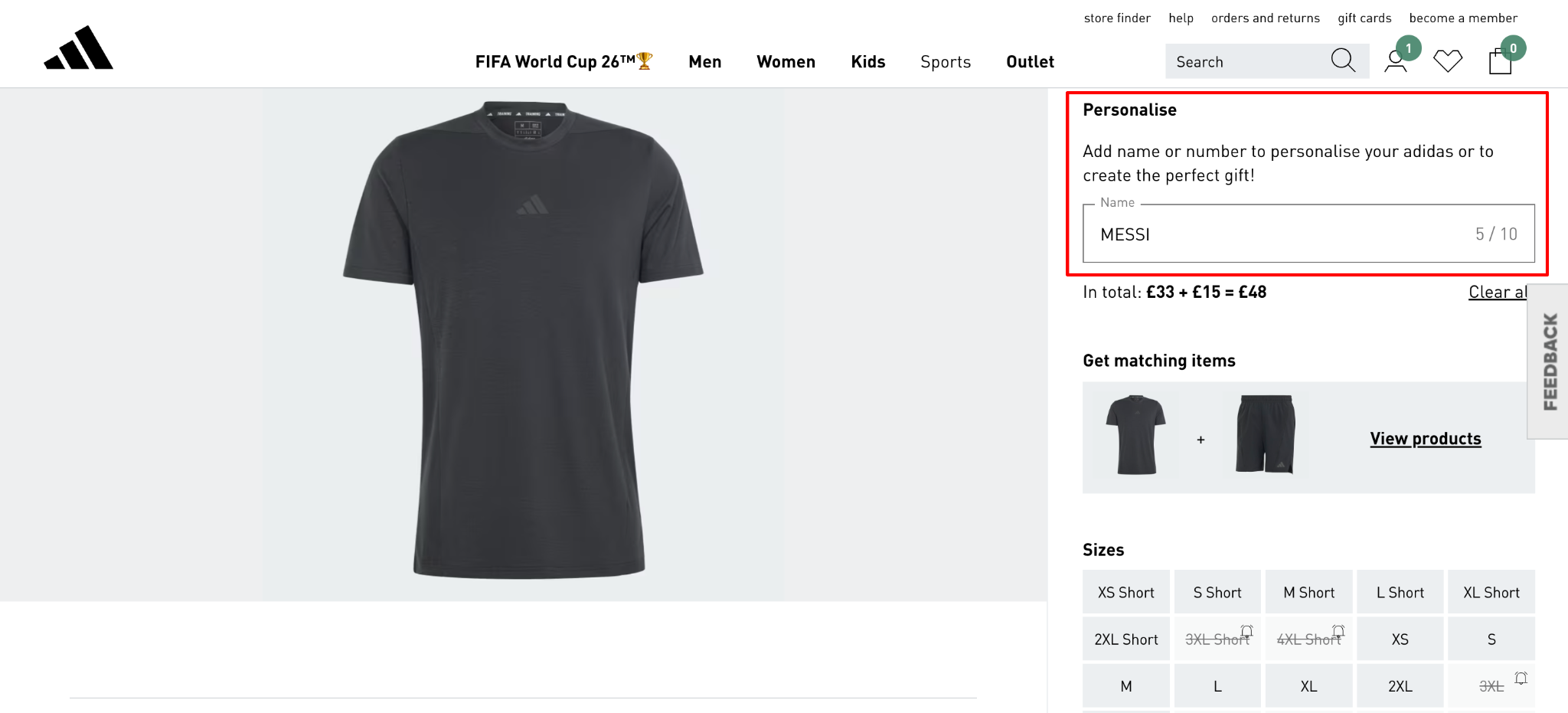 Adidas offers a personalized section when selling its T-shirts to engage customers