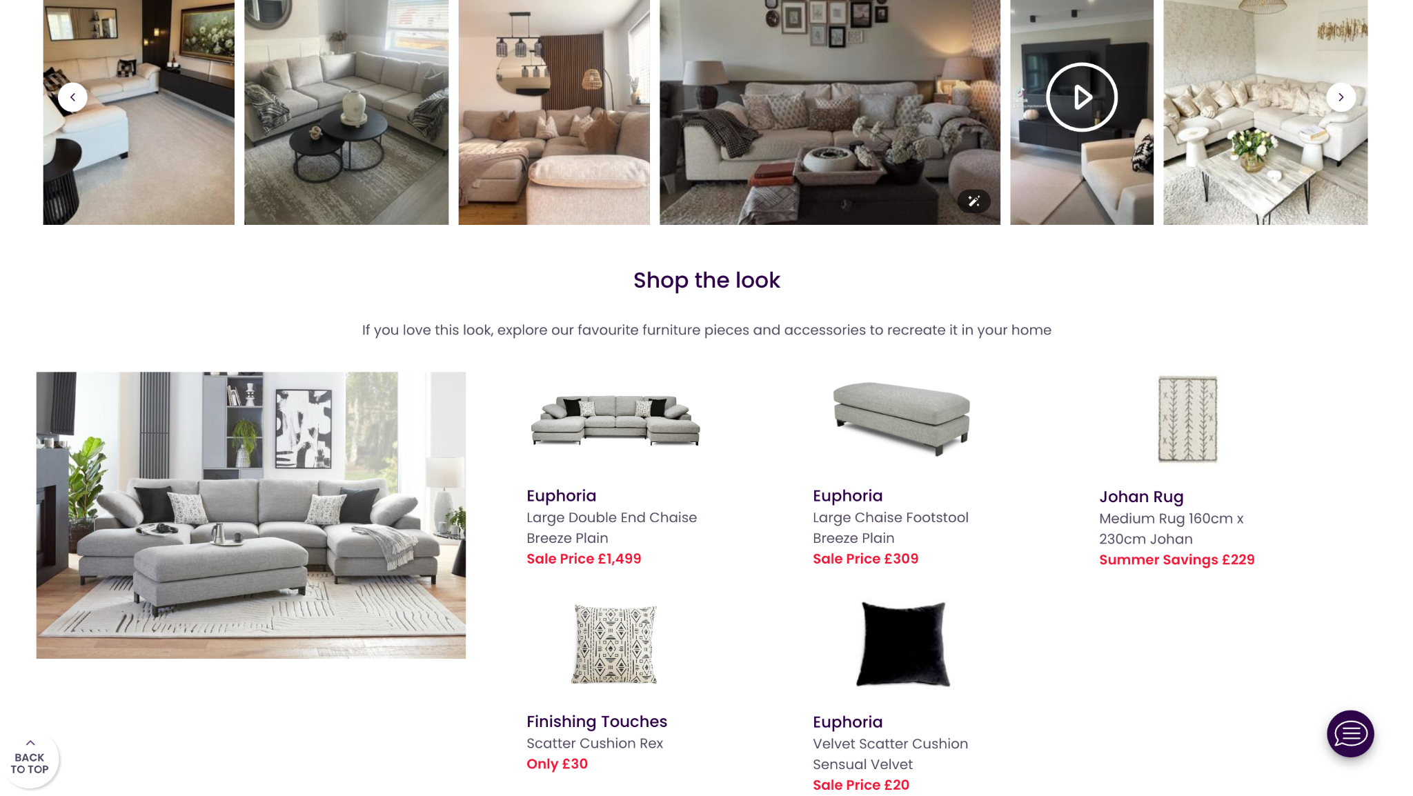 An example of cross-selling recommendations when shopping sofas