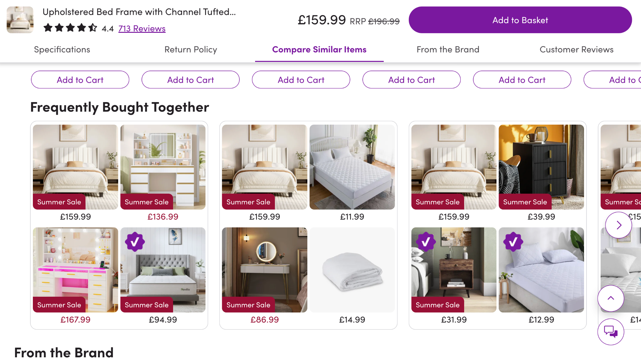 Wayfair suggests cheap or discounted items that are often bought together with bed frames