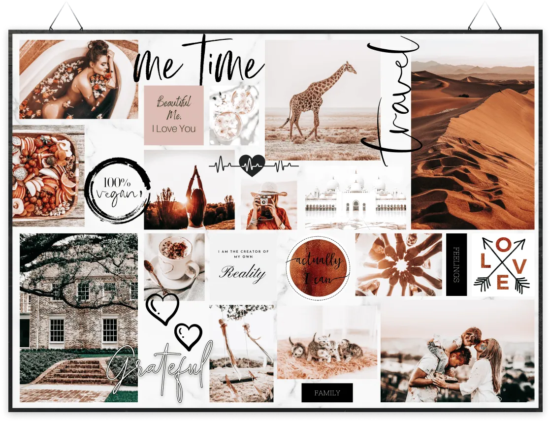 Eine Collage vieler inspirativer Bilder und Sprüche auf einem Vision Board.