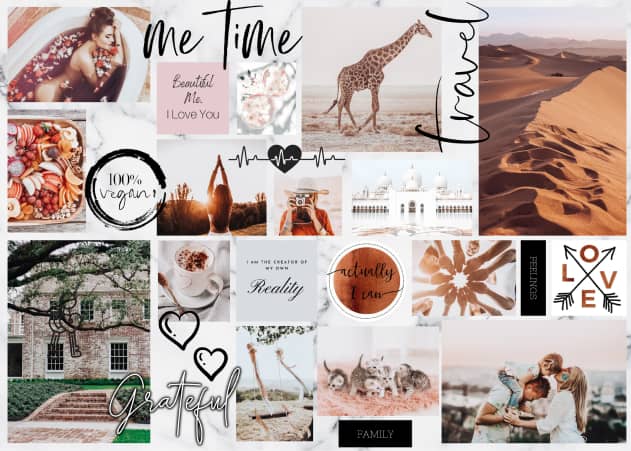 Eine Vorlage für ein Vision Board mit vielen Bildern von Familien, Urlaub und Freizeit.