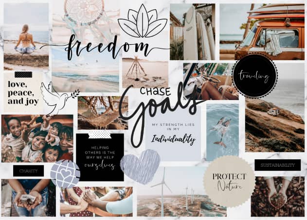 Eine zweite Vorlage für ein Vision Board mit vielen Bildern von Sport, Yoga und Selfcare.