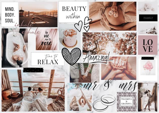 Eine dritte Vorlage für ein Vision Board mit vielen Bildern von Zusammenhalt, Wüstenurlaub und Bad.