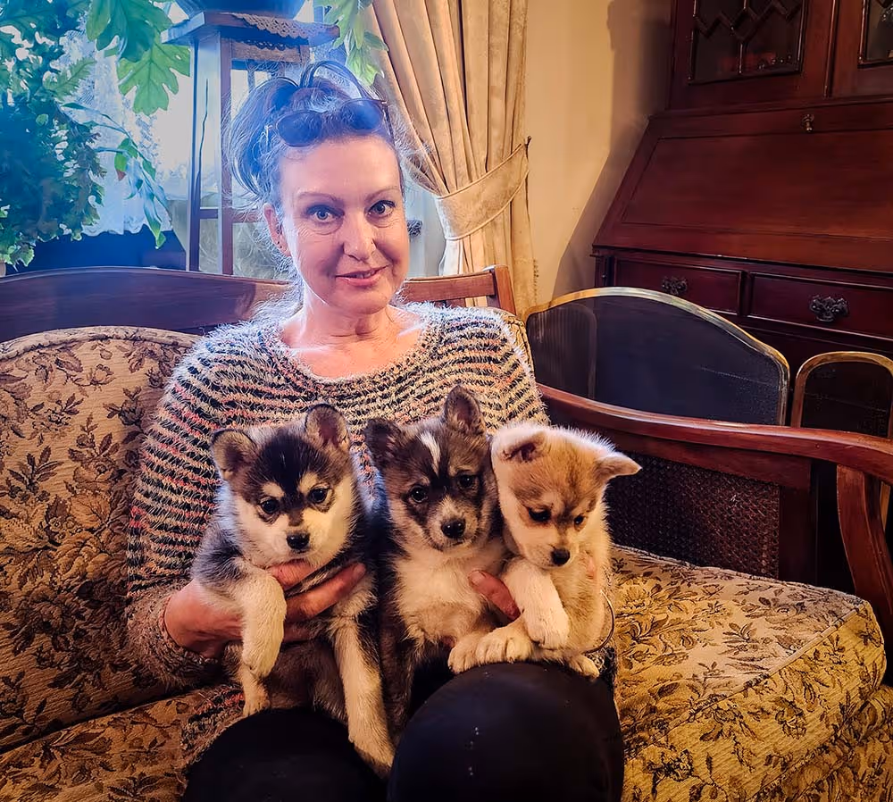 Lady smiling and sitting on garden edge in front of tree with a white fluffy dog, a brown fluffy dog and a black and brown fluffy dog looking at her