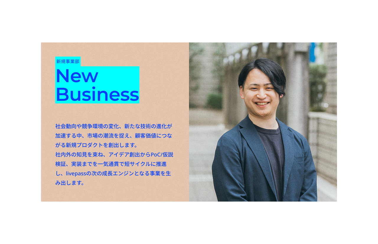 新規事業部
New Business
社会動向や競争環境の変化、新たな技術の進化が加速する中、市場の潮流を捉え、顧客価値につながる新規プロダクトを創出します。社内外の知見を束ね、アイデア創出からPoC/仮説検証、実装までを一気通貫で短サイクルに推進し、livepassの次の成長エンジンとなる事業を生み出します。