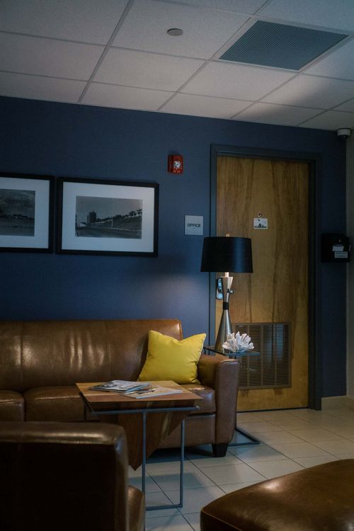 Photo of seating area inside the lobby of the Atlantic Lofts