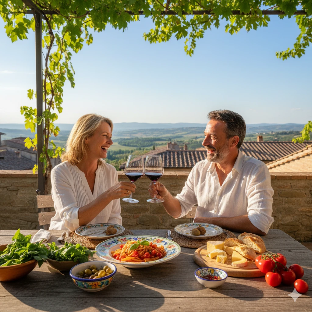Group enjoying outdoor dinner, candles glowing, laughter, casual attire, evening ambiance, shared meal, wine bottles on table.