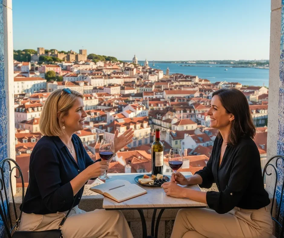 Group enjoying outdoor dinner, candles glowing, laughter, casual attire, evening ambiance, shared meal, wine bottles on table.