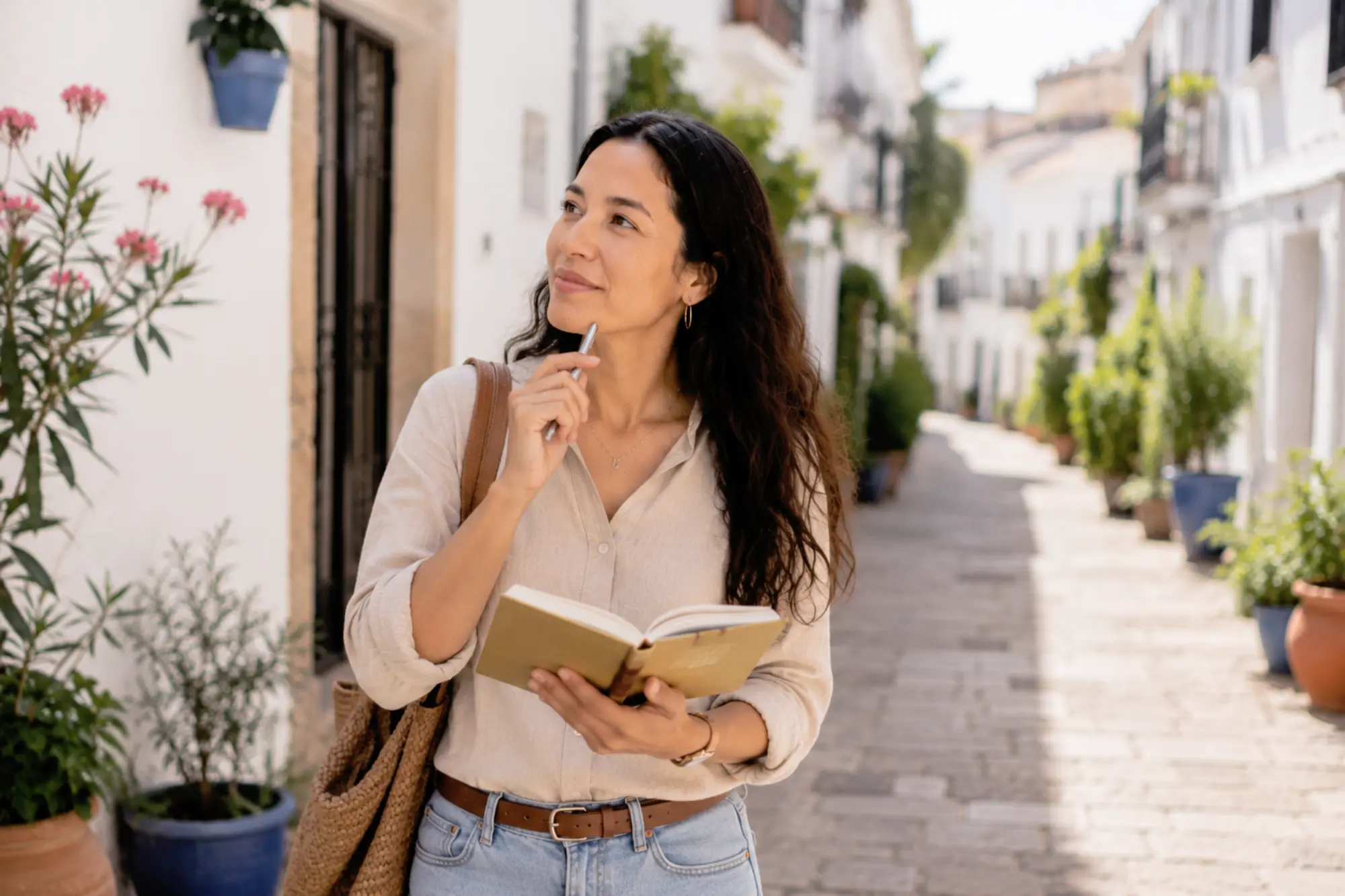 Language learner reviewing options and taking notes while walking through a local neighborhood, representing the importance of making informed immersion program decisions.