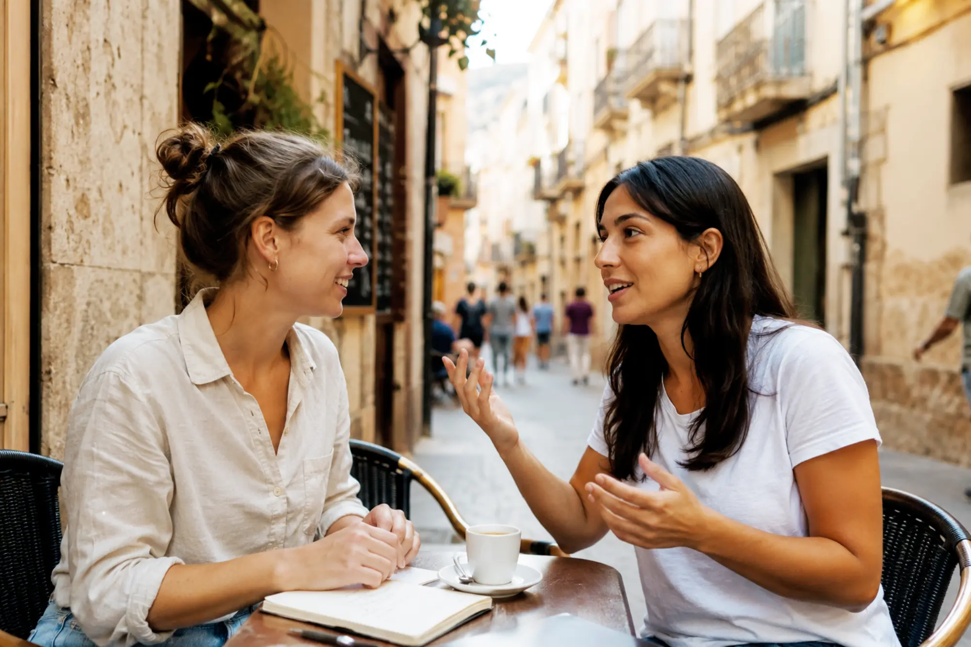 Language learner having a conversation with a local speaker at an outdoor café, illustrating the importance of clear accents and understandable speech during language immersion.