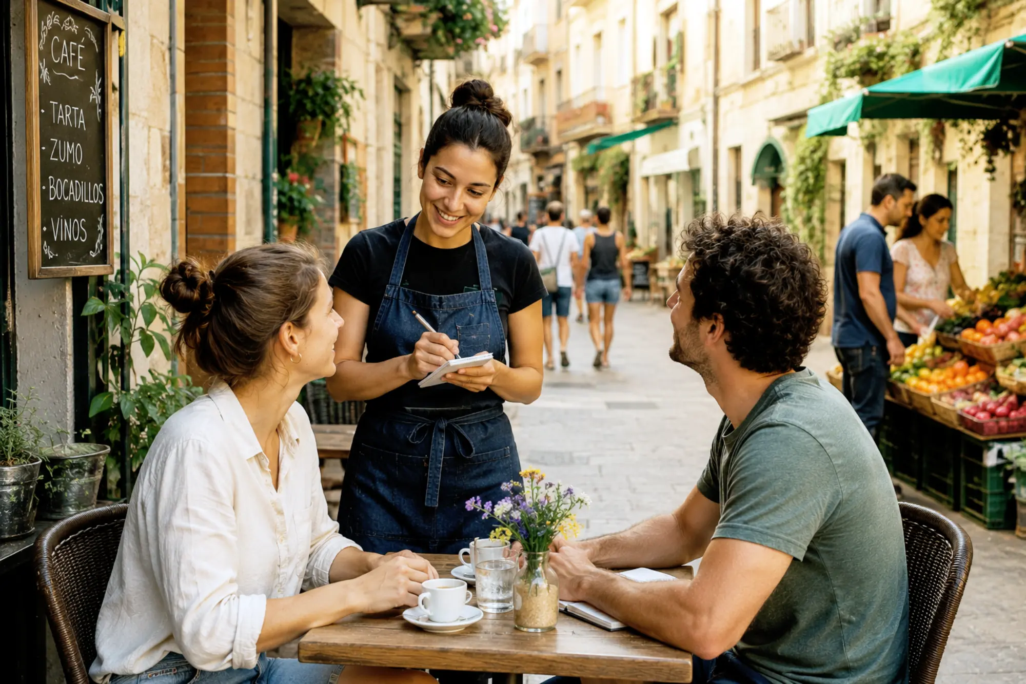 Language learners interacting in a local café environment where conversations and everyday activities reinforce language immersion throughout the day.