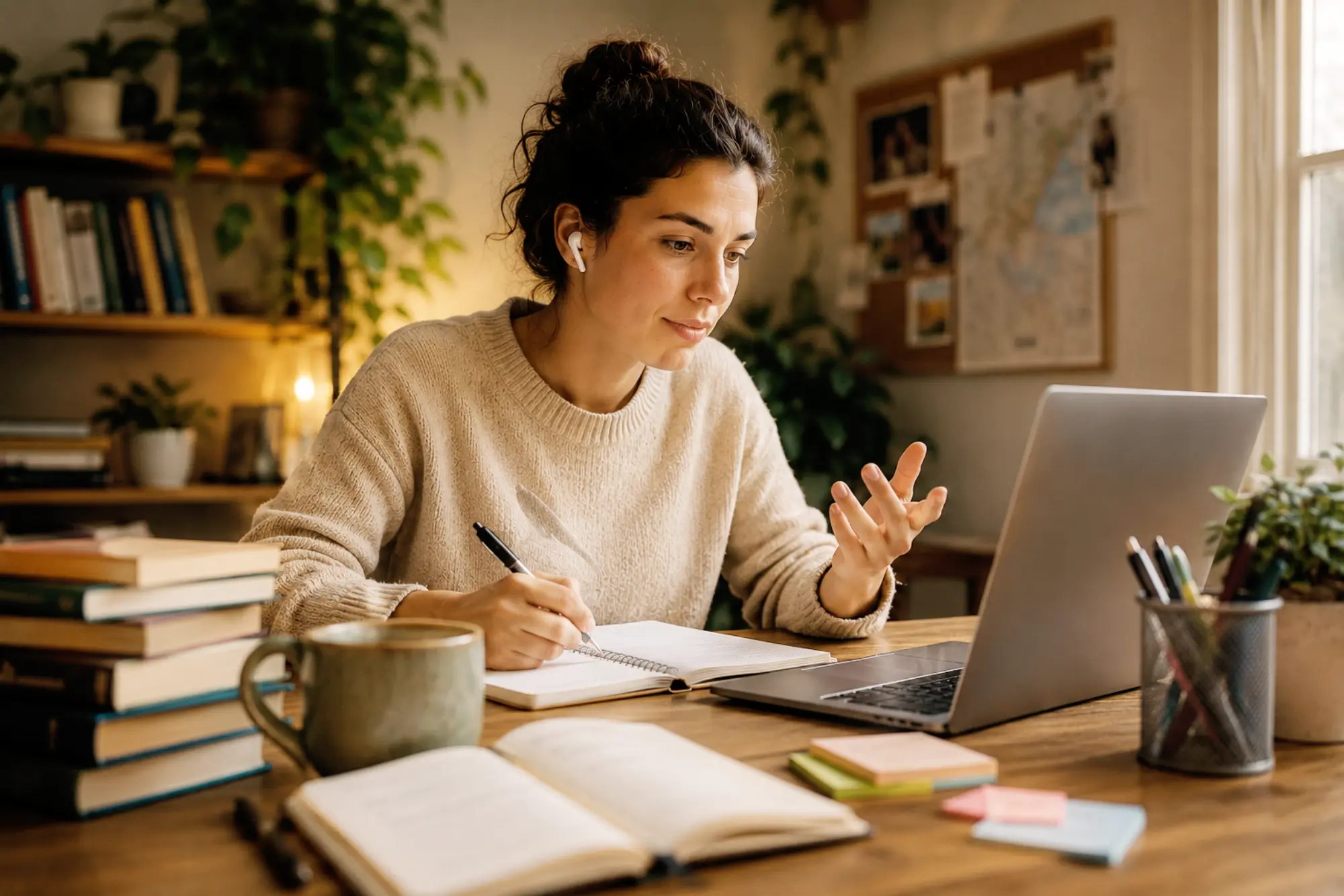 Language learner engaged in focused study and live instruction, highlighting the value of productive language learning and immersion.