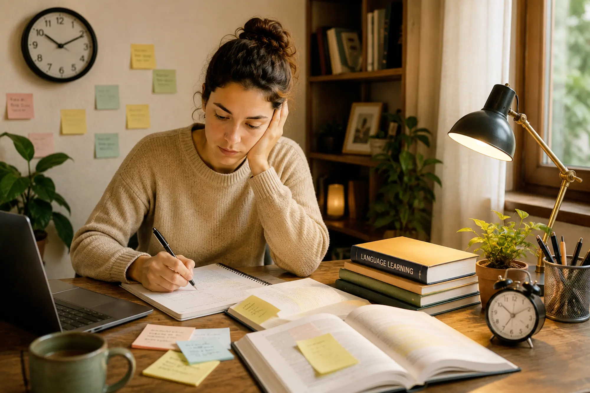 Dedicated language learner spending hours studying vocabulary, lessons, and exercises, illustrating the slow accumulation of language skills through conventional learning methods.
