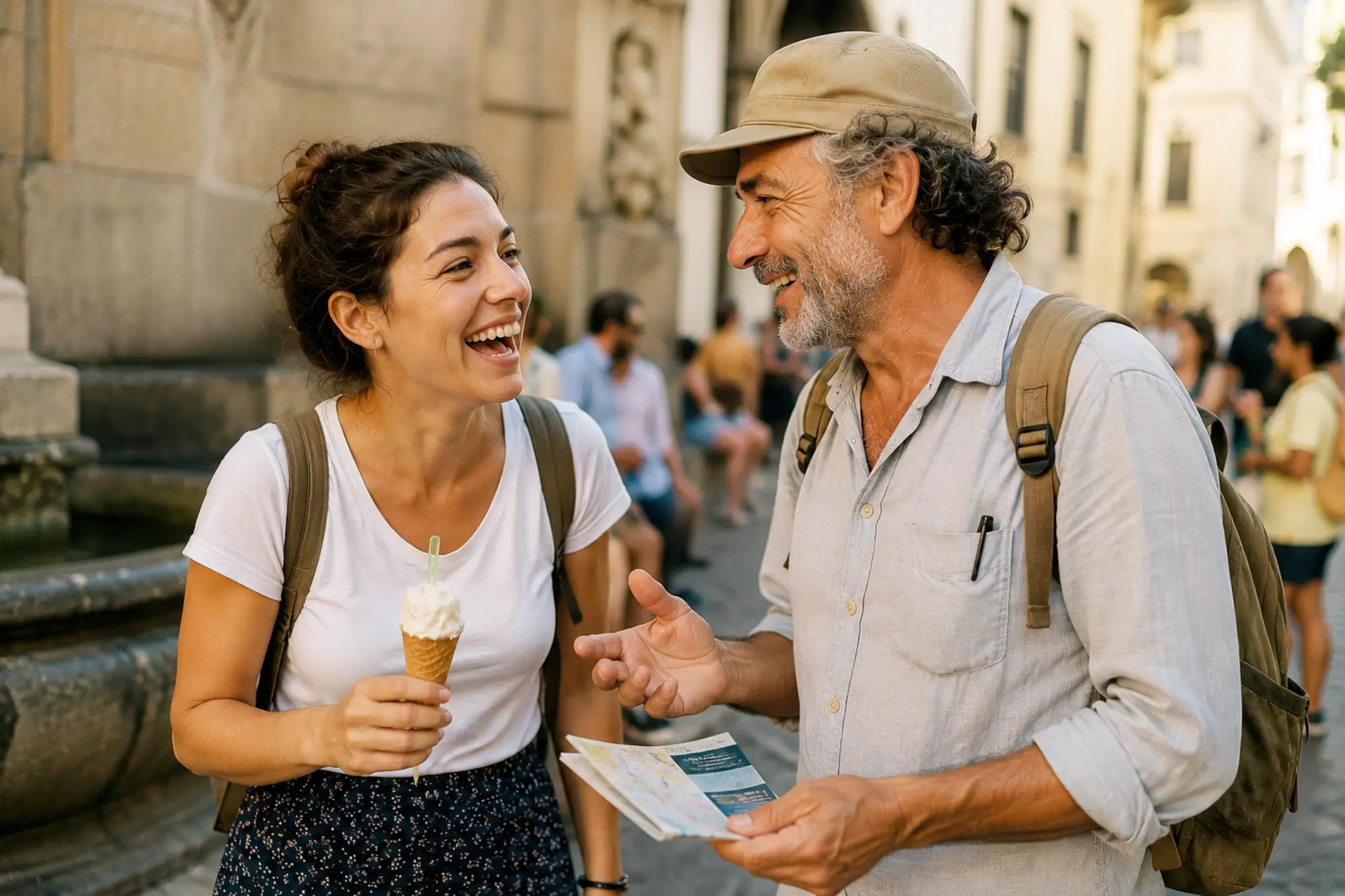Language learner using the target language in everyday interactions with a local speaker, building fluency through continuous immersion and immediate feedback.