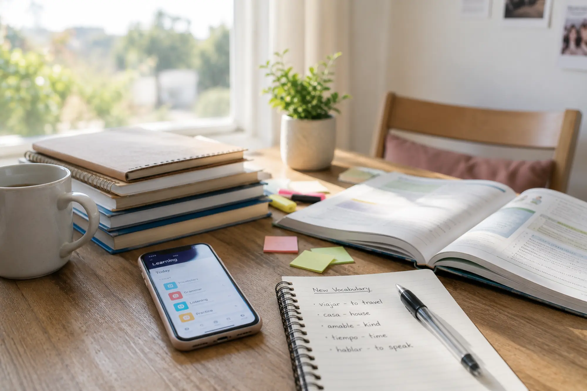 Books, vocabulary notebooks, study materials, and a language-learning app on a smartphone arranged on a desk, representing the traditional path many adults take when learning a foreign language.