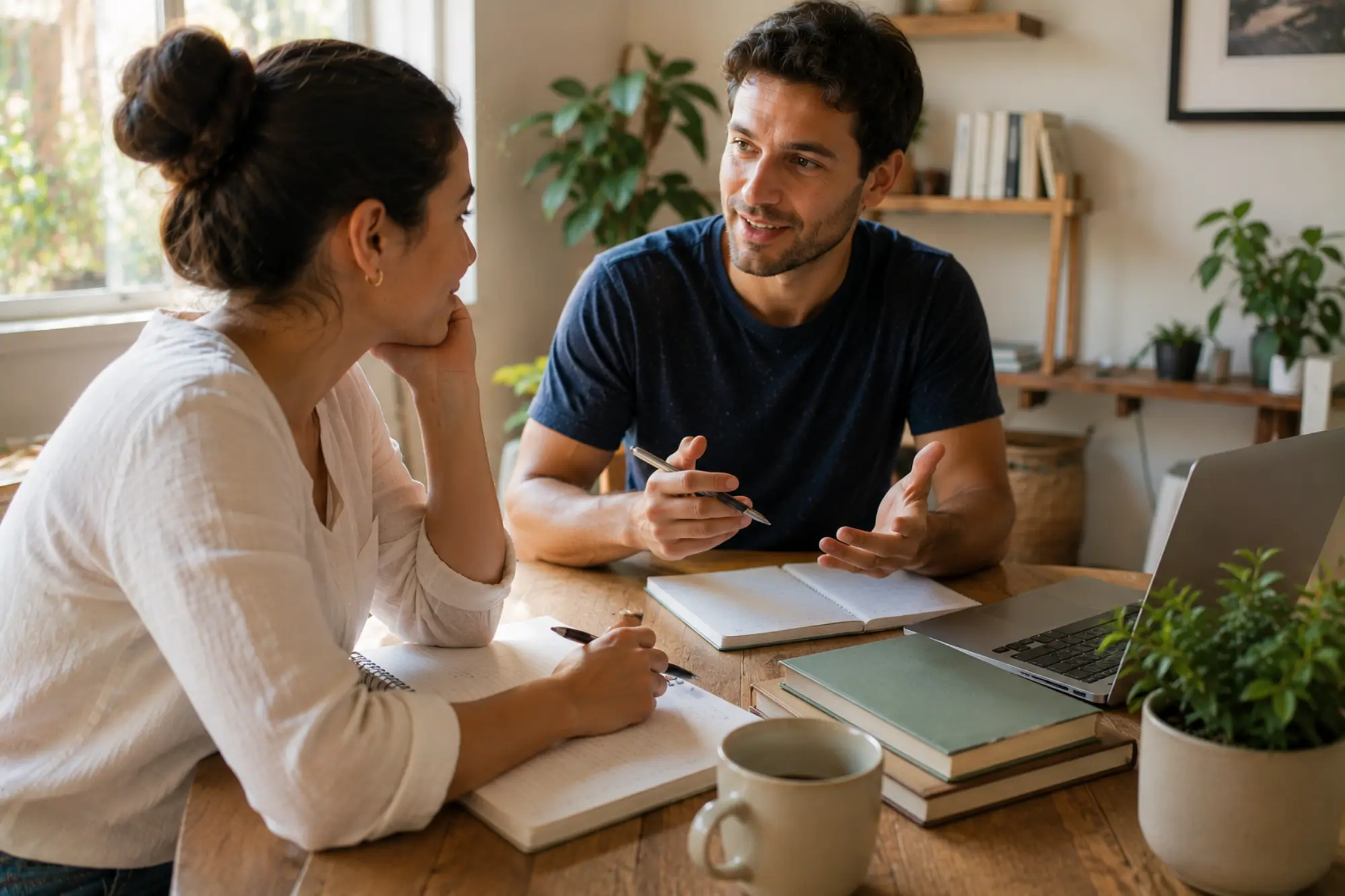 Private language lesson featuring an adult learner and instructor engaged in conversation, illustrating daily speaking practice, personalized instruction, and real-world language use.