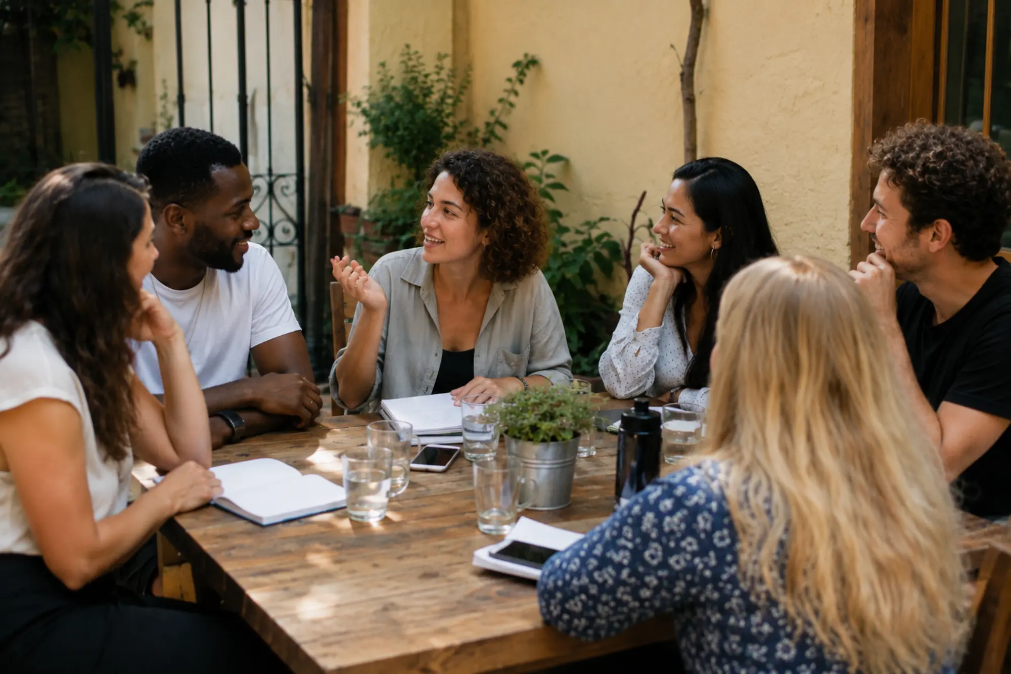 Adult language learners engaged in a group conversation during an immersion program, highlighting the social and collaborative nature of classroom-style language learning.