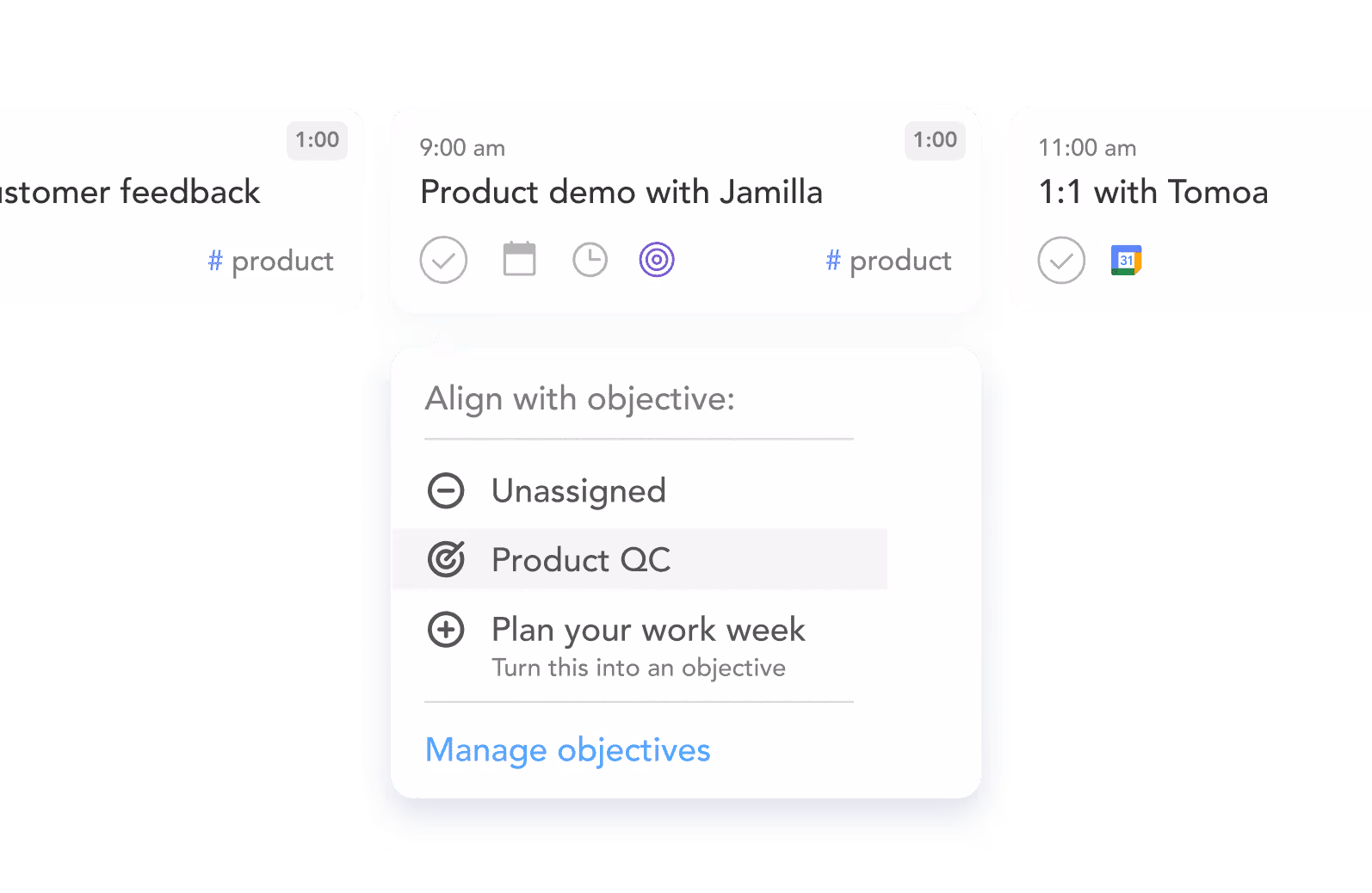 User interface showing tasks with options to align them with objectives like 'Product QC' or to plan the work week in a productivity app.