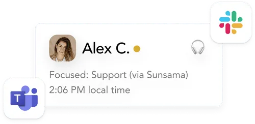 Profile card of Alex C. showing her photo, a yellow focus status indicator, headphones icon, focus context 'Support (via Sunsama)', and local time 2:06 PM, with Microsoft Teams and Slack logos.