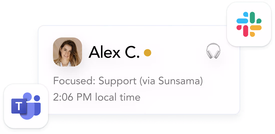 Profile card of Alex C. showing her photo, a yellow focus status indicator, headphones icon, focus context 'Support (via Sunsama)', and local time 2:06 PM, with Microsoft Teams and Slack logos.