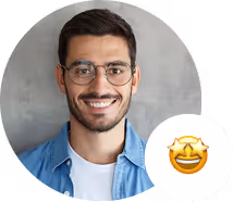 Smiling man with glasses and beard wearing a blue shirt, with a star-struck emoji overlay.