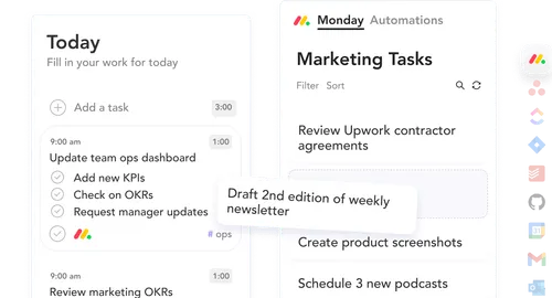 Task management interface showing 'Today' tasks like updating team ops dashboard with checked subtasks and marketing tasks including reviewing Upwork agreements and scheduling podcasts.