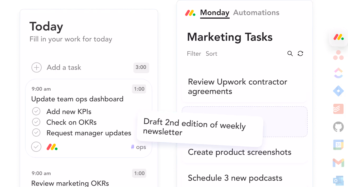 Task management interface showing 'Today' tasks like updating team ops dashboard with checked subtasks and marketing tasks including reviewing Upwork agreements and scheduling podcasts.