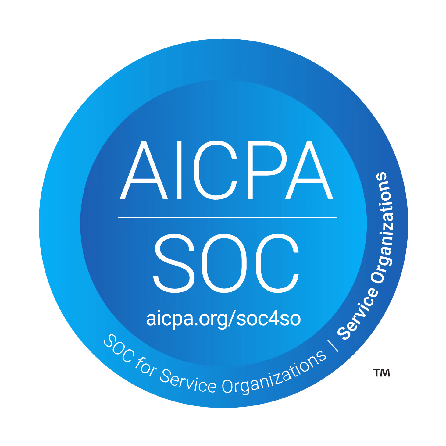 Blue circular badge with text 'AICPA SOC aicpa.org/soc4so' and 'SOC for Service Organizations | Service Organizations' along the edge.
