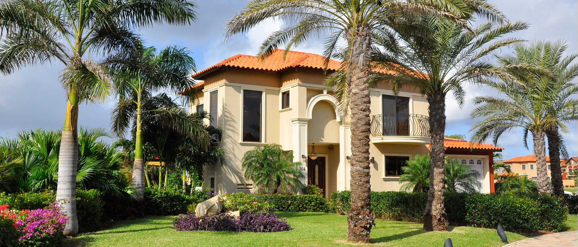 Gold Coast Aruba villa framed by palm trees in Malmok