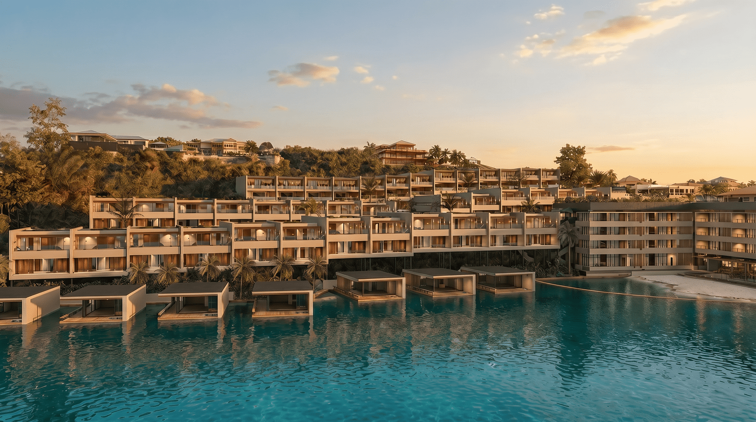LAMAN residences and lagoon pool at golden hour in Jan Thiel, Curaçao