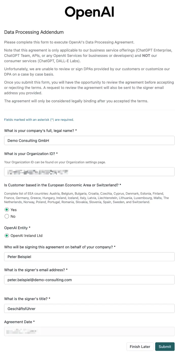 OpenAI - Data Processing Addendum Form (Auftragsverarbeitungsvertrag)