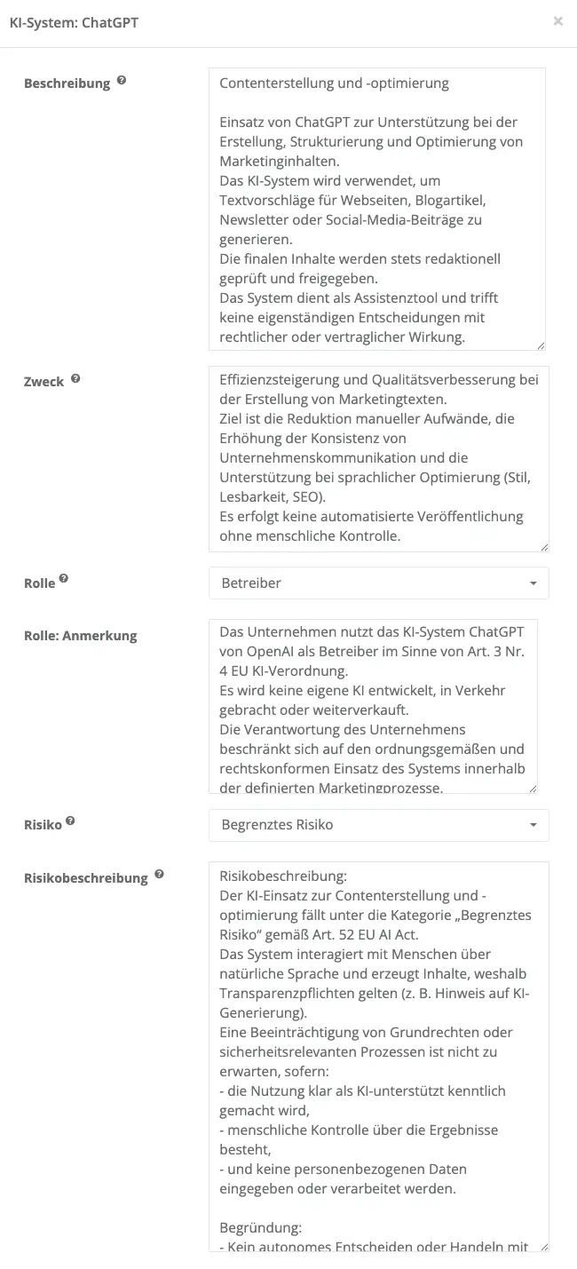 Beispiel ChatGPT KI-Dokumentation in DigimojoCOMPLY