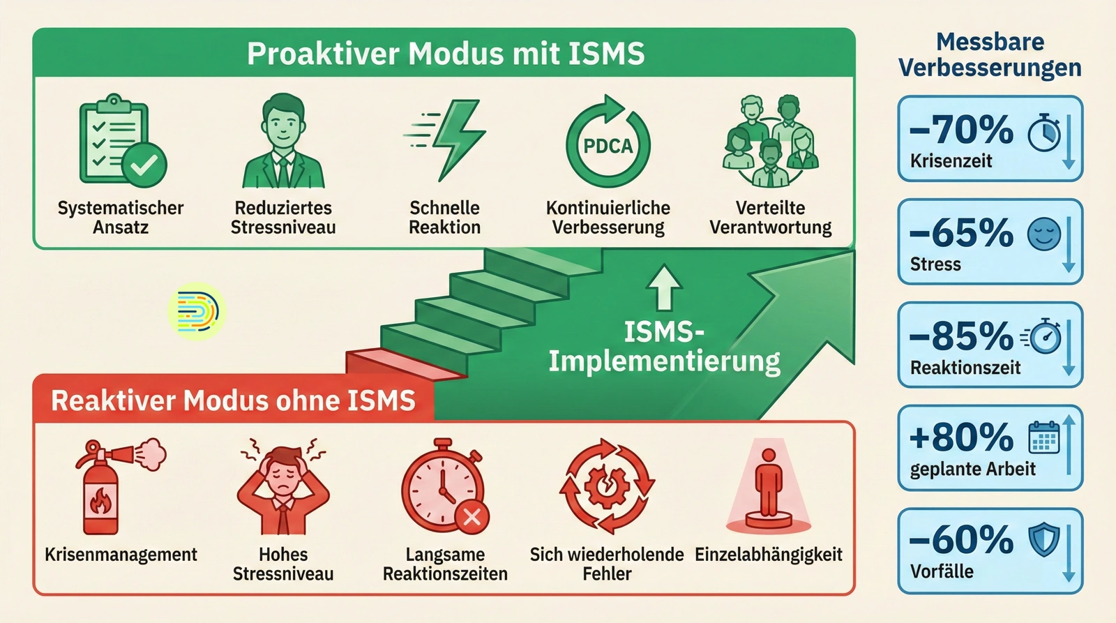 Infografik zweistufig: Untere rote Ebene zeigt reaktiven Modus ohne ISMS mit 5 Problem-Icons (Feuerlöscher, gestresste Person, langsame Uhr, Wiederholungsfehler, Einzelabhängigkeit). Obere grüne Ebene zeigt proaktiven Modus mit ISMS mit 5 Lösungs-Icons (Checkliste, entspannte Person, Blitz, PDCA-Kreislauf, Team). Grüne Treppe mit Pfeil 'ISMS-Implementierung' verbindet beide Ebenen. Rechts 5 blaue Kennzahlen-Badges mit Verbesserungen: -70% Krisenzeit, -65% Stress, -85% Reaktionszeit, +80% geplante Arbeit, -60% Vorfälle.