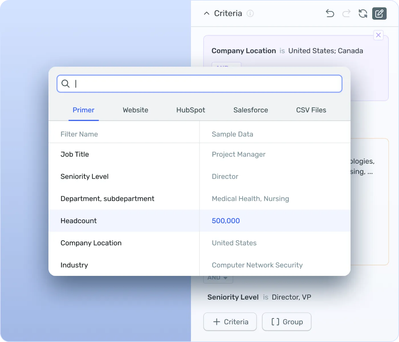 ICP filtering and audience segmentation dashboard