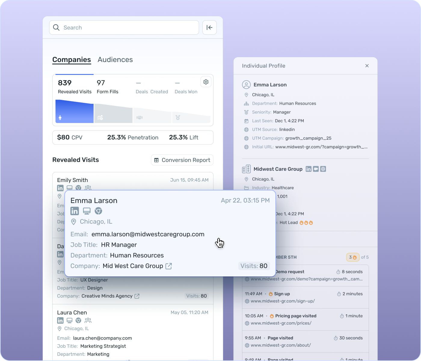 Website visitor identification and reveal reporting dashboard