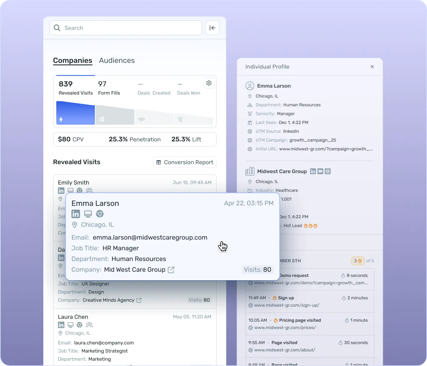 Website visitor identification and reveal reporting dashboard