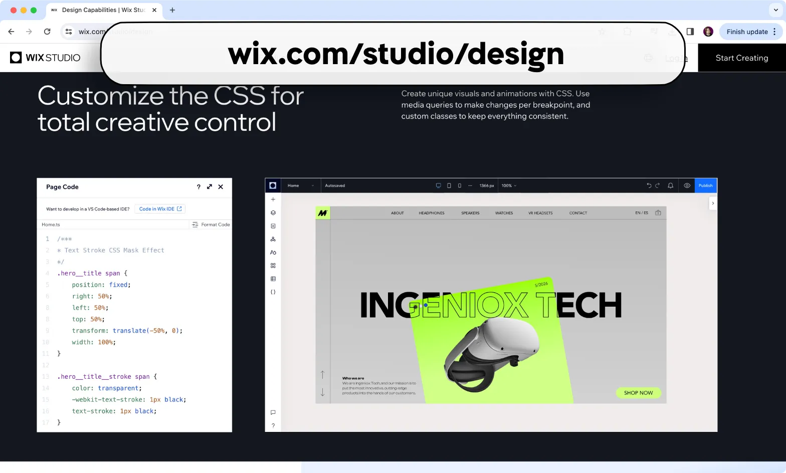 The "power of CSS" from Wix Studio design page