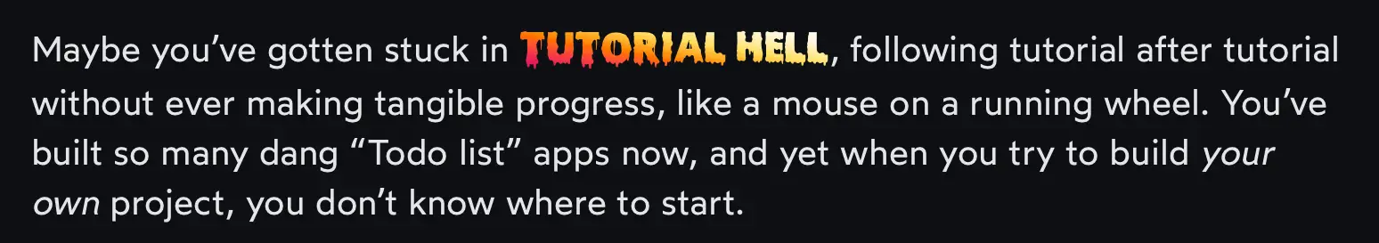 Text that says Tutorial Hell and colored like fire