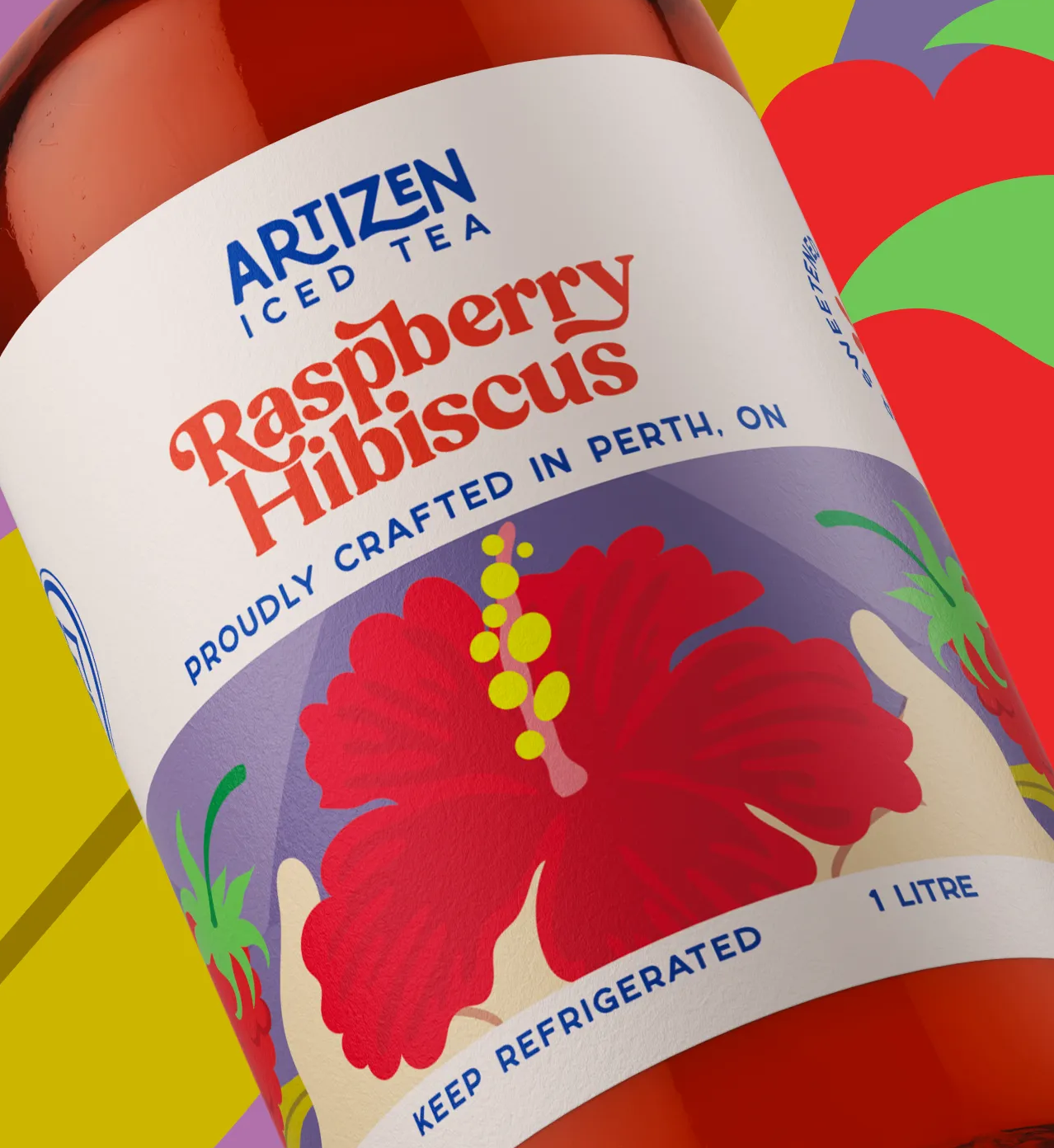 Close-up of Artizen Beverage Co's Raspberry Hibiscus iced tea in a clear glass bottle, featuring vibrant label design and custom illustrations of inclusive hands gathering hibiscus flowers, featured on Packaging of the World.