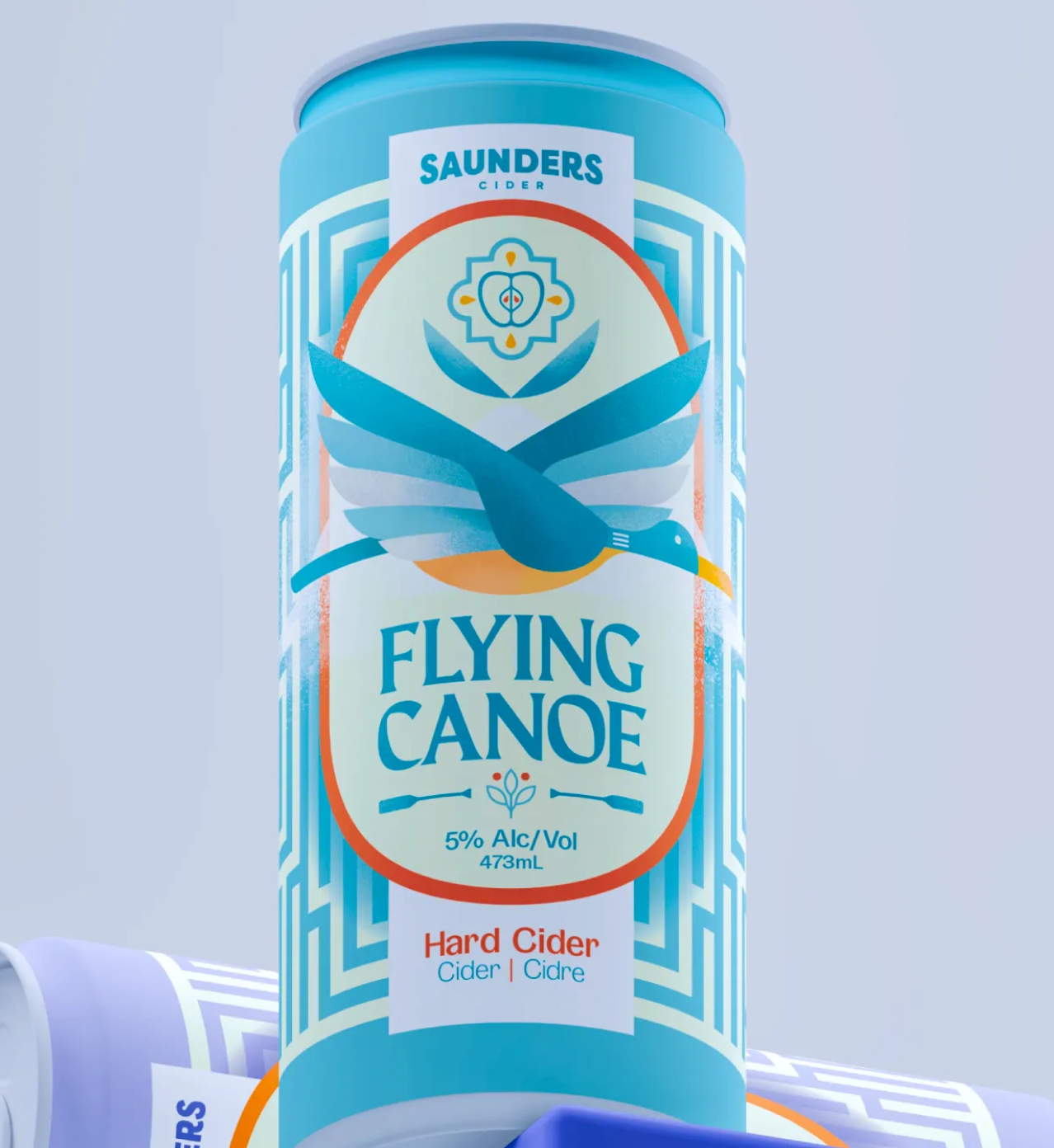 Original disruptive concept for Saunders Cider Flying Canoe hard cider cans, featuring elegant illustration work representing the agritourism destinations historic farmlands and cedar maze attractions.
