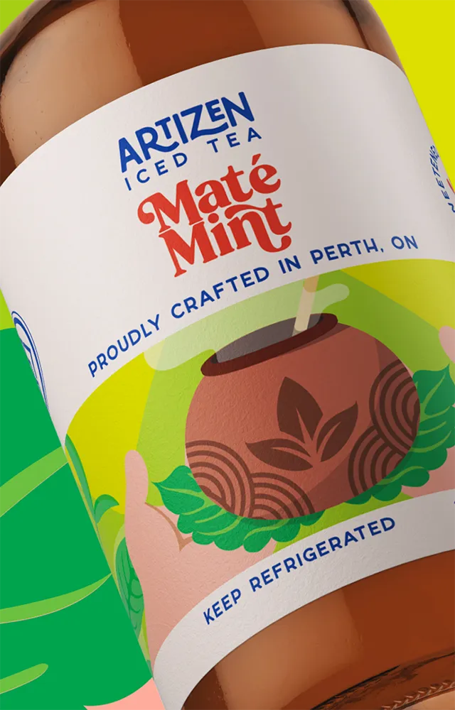 Close-up of Artizen Beverage Co's Mate Mint real brewed iced tea bottle label featuring vibrant custom illustrations representing local farmers, a packaging design recognized on Packaging of the World in 2024.