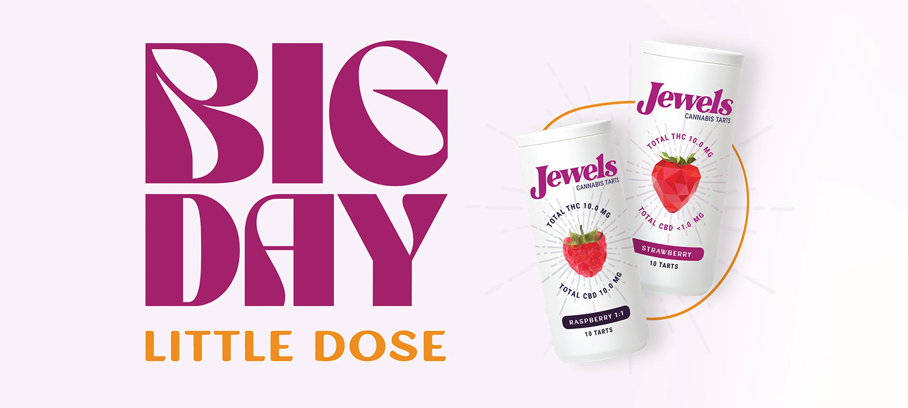 Horizontal campaign featuring the phrases “BIG DAY” and “LITTLE DOSE” alongside floating Jewels Cannabis Tarts product containers.