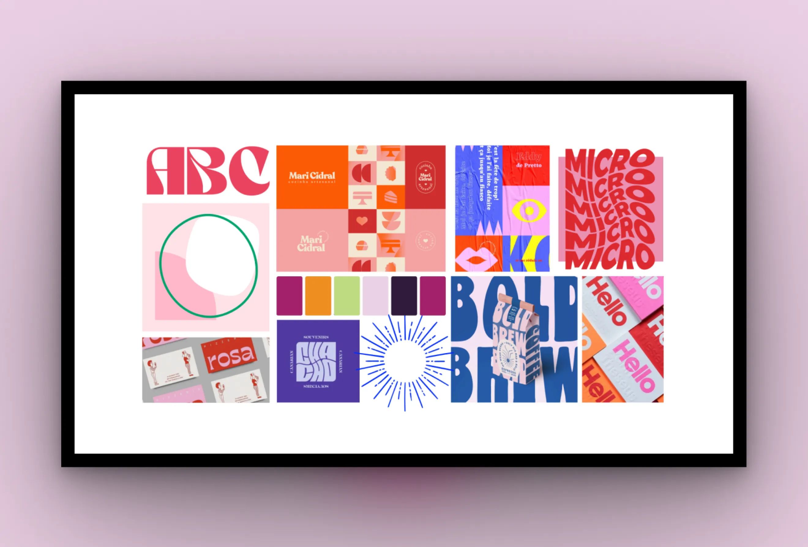 A flat-screen monitor displaying a comprehensive brand design grid and digital mood board curated by Hovski Studio. The grid showcases a vibrant mix of packaging concepts, color swatches, typographic treatments, geometric line graphics, and layouts.