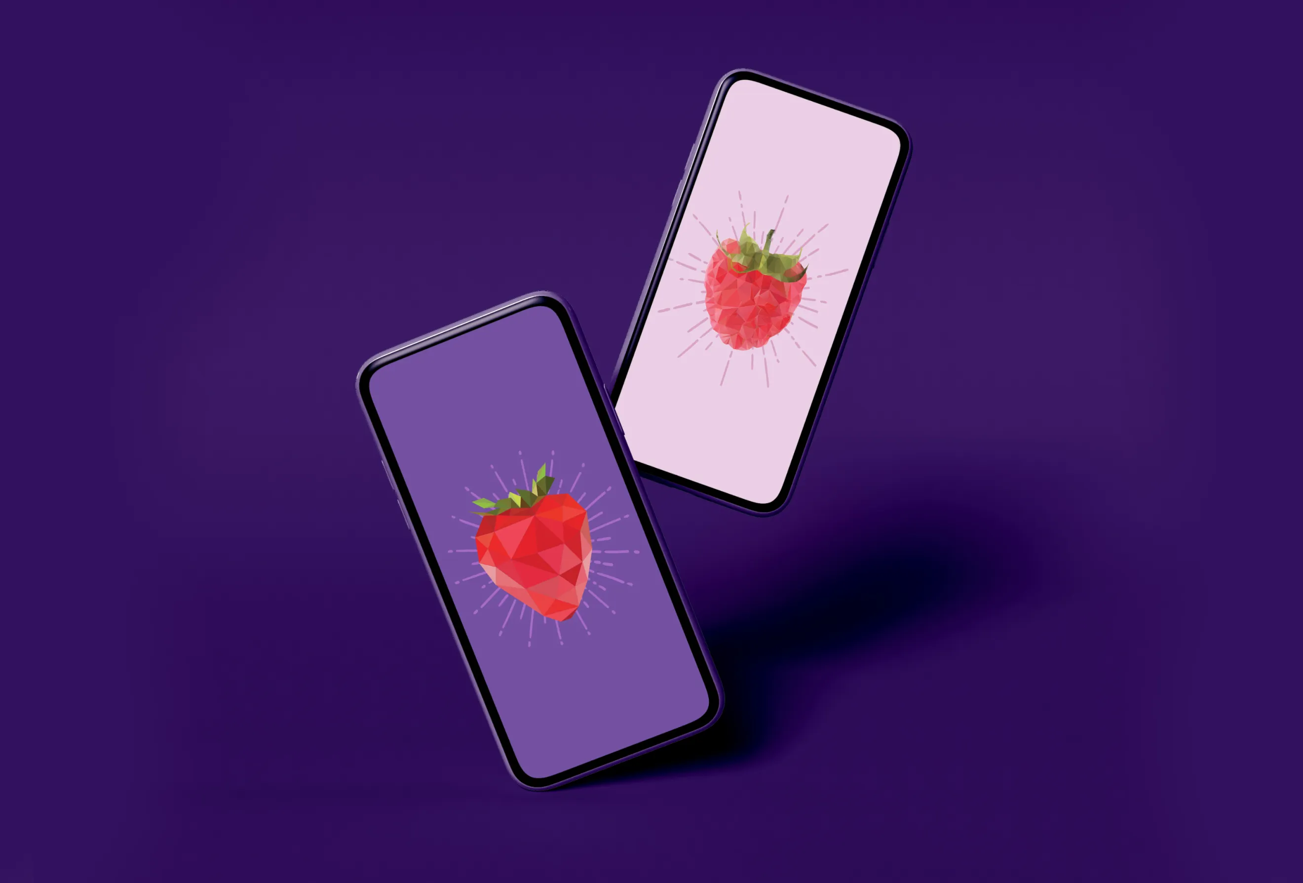 Two floating smartphones displaying custom wallpapers with low-poly strawberry and raspberry illustrations on purple and pink backgrounds.