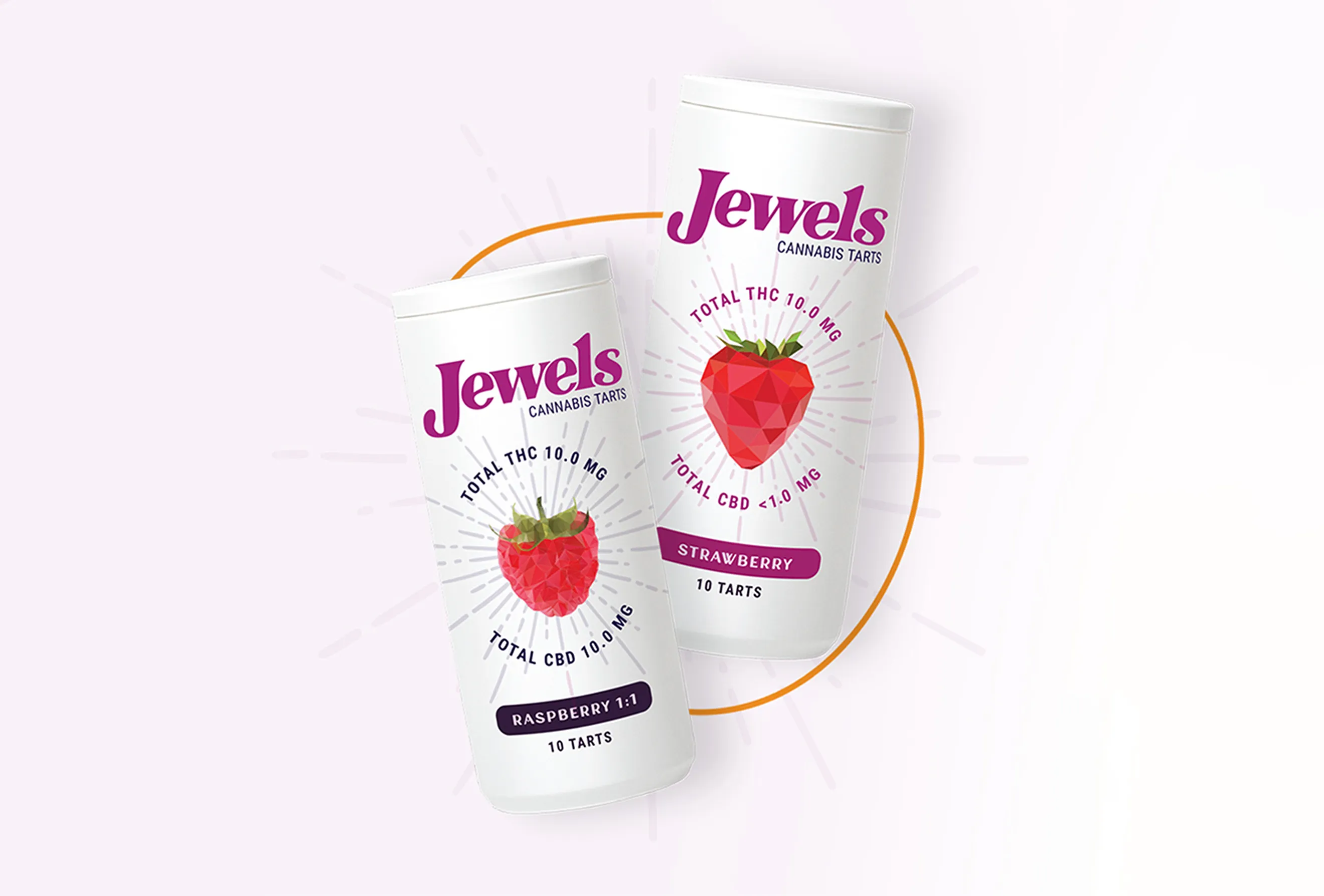A premium CPG packaging design showcase by Hovski Studio for Jewels Cannabis Tarts, developed under client Indiva. Two sleek white structural tubes are displayed at dynamic angles, highlighting a custom magenta logotype and clean geometric, low-poly vector illustrations of a raspberry and strawberry centered within a subtle sunburst motif. The minimalist design completely avoids medical cannabis tropes while aligning with Health Canada regulations.