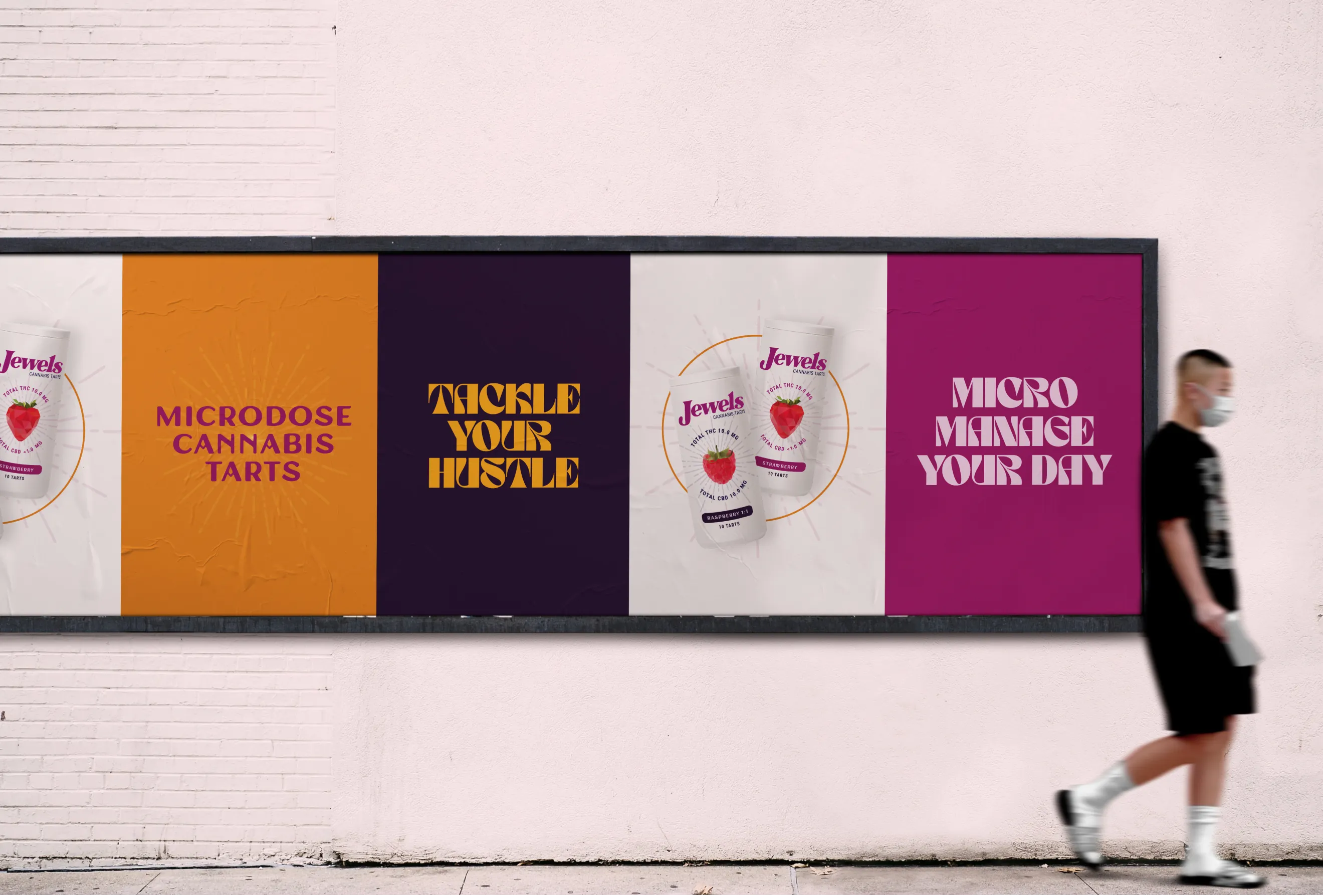 A horizontal retail campaign layout designed by Hovski Studio for a female-focused edible line. The left side features high-visibility, juicy serif typography reading "BIG DAY" in magenta and "LITTLE DOSE" in vibrant orange. 