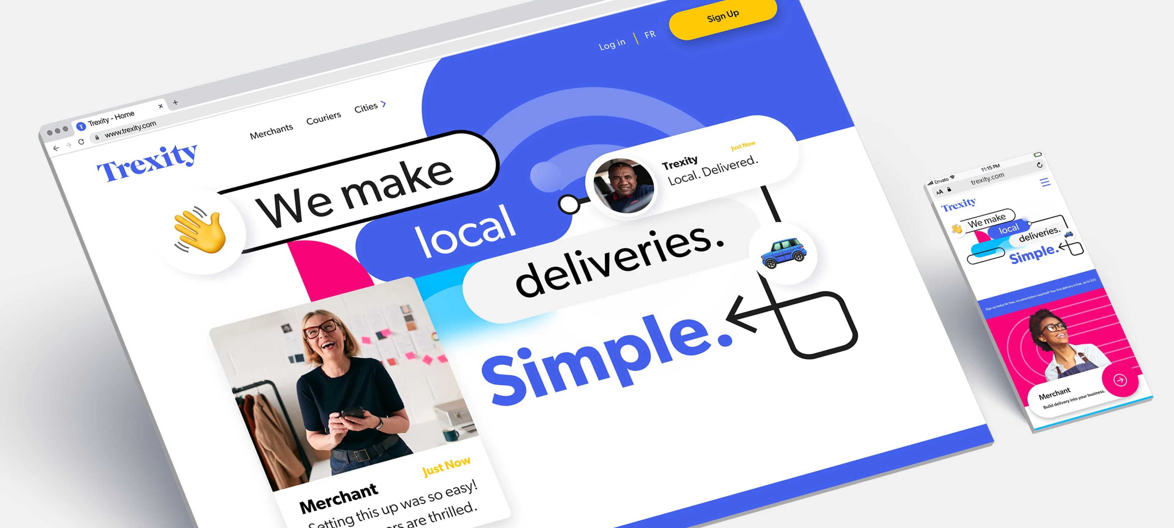 A printed corporate brand manual spread designed by Hovski Studio. The editorial layout includes a left page showcasing layered glassmorphism orbs and blue graphic capsules, while the right page introduces the platform strategy with clean text reading "We make local deliveries. Simple." over a minimal white background grid.