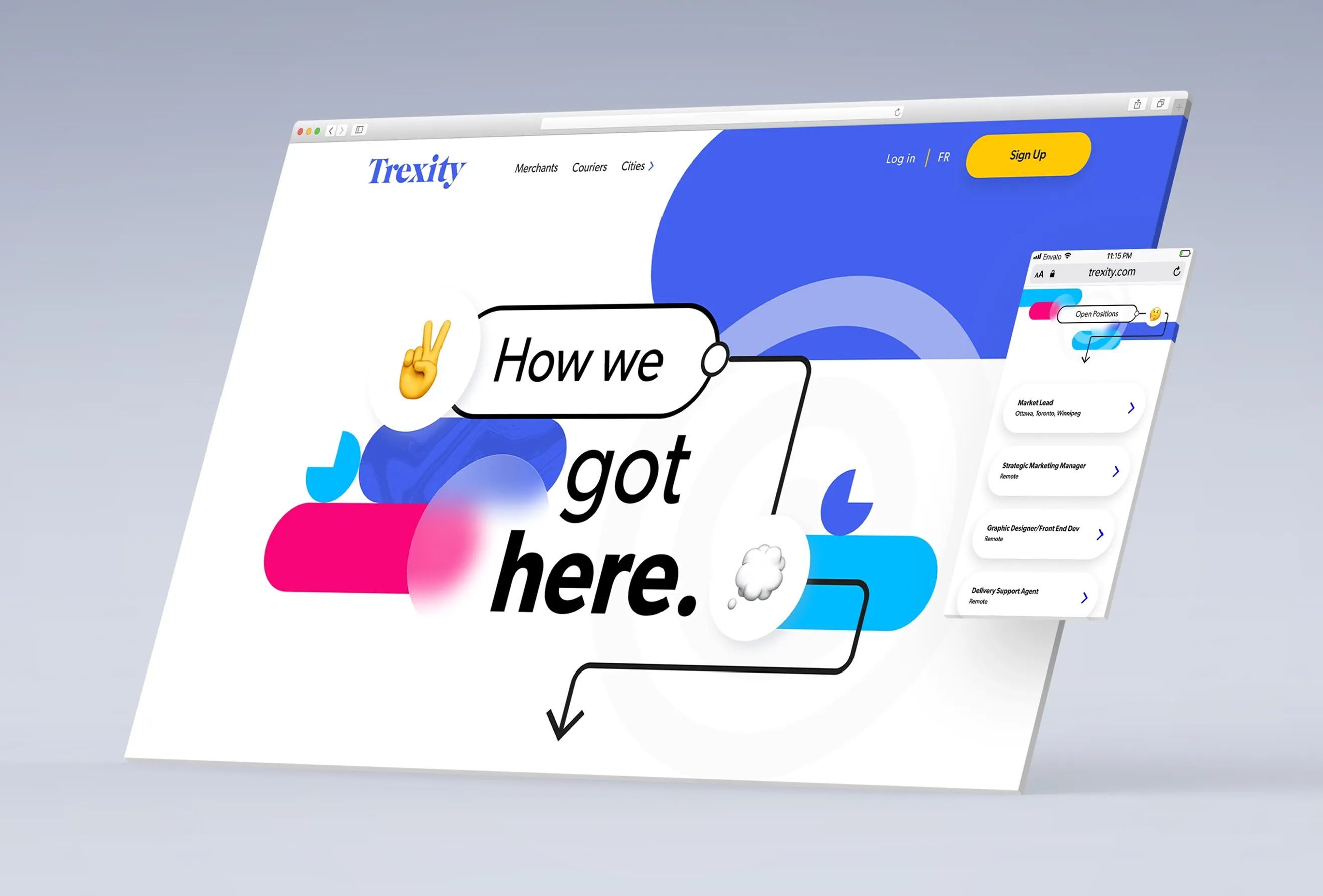 Responsive Trexity website mockup showing desktop and mobile views of the “How We Got Here” page with careers listings and bold branding.