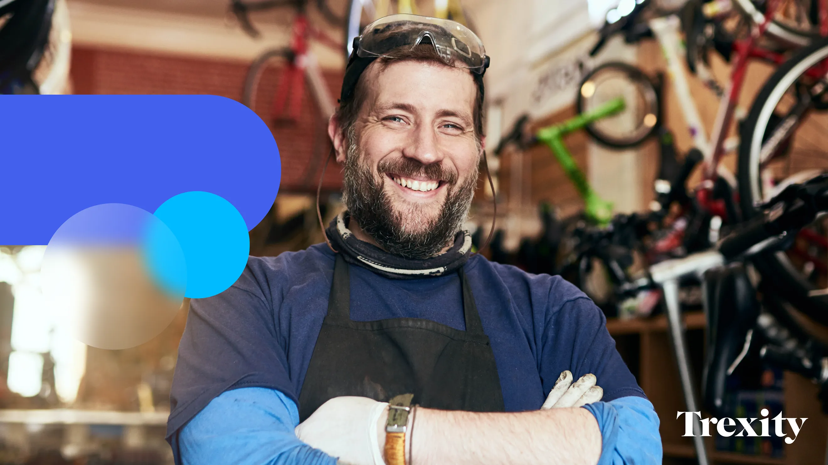 Smiling merchant in bicycle shop with the Trexity logo and blue geometric brand graphics.